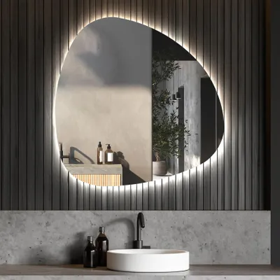 Obrázok produktu pre Kúpeľňové zrkadlo LED 64x64 cm - asymetrické, studené biele svetlo 7000K - model EGG221