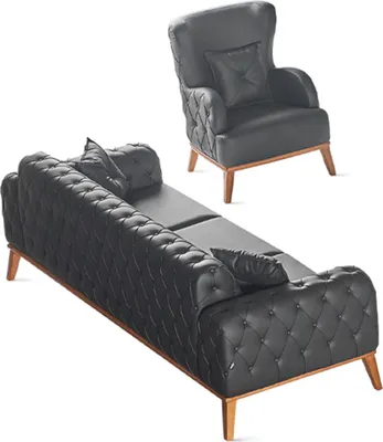 Produktbild von Schwarze Arbeitszimmer Sitzmöbel Designer Leder 3-Sitzer 1x Sessel 2tlg