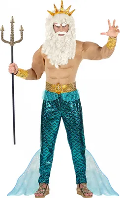 Produktbild von Poseidon Kostüm mit Muskelshirt, Hose, Gürtel, Armbänder & Krone Größe: XL-54