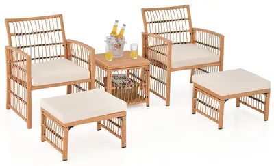 Produktbild von COSTWAY Gartenmöbel Set Polyrattan, Balkonmöbel Set inkl. 2 Stühle mit Kissen, Hocker & Tisch, Terrassenmöbel, Gartengarnitur, Sitzgruppe Beige