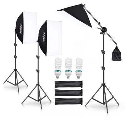 Obrázek produktu pro Andoer sada světel pro studiovou fotografii, softboxová osvětlovací souprava se 135 W LED žárovkou * 3/ 50 x 70 cm softbox * 3/ 2 m světelný stojan * 3/ rameno ramene * 1 pro studiové portréty, produkty, fotografie, video, živý přenos