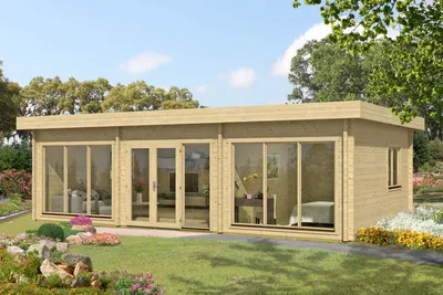 Produktbild von Carlsson Gartenhaus Modell Campus-70 Blockhaus aus naturbelassenem Holz mit 70 mm Wandstärke und großer Glasfront
