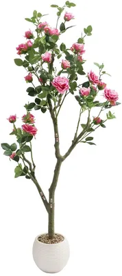 Imagen del producto de Árbol de rosas artificial de 150 cm: planta decorativa artificial con flores rosas y hojas verdes, ideal para salones y oficinas