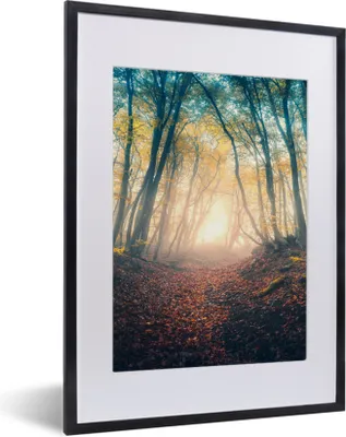 Produktbild von MuchoWow® Gerahmtes Poster Wald - Nebel - Sonne - Herbst 30x40 cm - Poster mit Schwarzem Bilderrahmen Wandposter Rahmen Foto Bilder - Wandposter Schlafzimmer