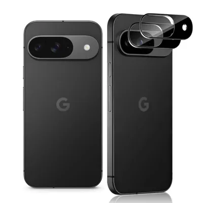 Two black smartphones are shown from the back, one with a camera lens protector kit hovering above it.