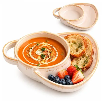 Produktbild von Suppenschüssel mit Brotteller, 2-in-1 Keramikschale mit integriertem Beilagenteller, Suppen- und Sandwichschüssel für Frühstück und Snacks
