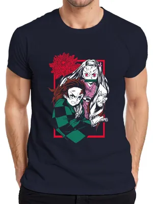 Obrázok produktu pre Kimetsu No Yaiba Tanjiro Nezuko Anime Demon Hunter Katana Fan Pánske tričko, námorná farba, 3XL