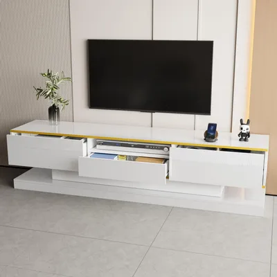 Produktbild von MODFU TV-Schrank Fernsehschrank Fernsehbank mit Hochglanz,mit Schubladen und offenen Fach,Lowboard mit farbwechselndem LED-Beleuchtung,Weiß