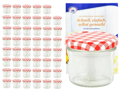 Zdjęcie produktu dla zestaw 48 szklanek 125 ml Do 66 słoików na przetwory z czerwoną pokrywką w szachownicę, w tym książeczka z przepisami