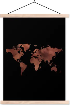 Produktbild von MuchoWow® Textilposter Weltkarte - Rot - Schwarz 120x160 cm mit holzfarbenen Rahmen - Plakatkarton