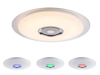 Produktbild von Globo Lighting Deckenleuchte Metall weiß, verchromt, Acryl opal sparkle, K5 Kristalle klar, dimmbar, mehrere Stufen über Wandschalter, Farbwechsler, Farben fixierbar, RGB Farbwechsler, RGB Farben fixierbar, App, Memoryfunktion, Nachtlicht, Fernbedienung, Lautsprecher 5W, Batterie inkludiert 2x AAA 1.5V, ø: 600mm, H: 61mm, inkl. LED 36W 230V, 350-3900lm Source, 90-2200lm Output, CCT 3000-6000K, inkl. RGB LED 3W 230V