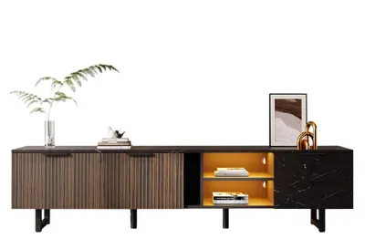 Produktbild von TV Lowboard - Moderner TV-Schrank - Verstellbare Beleuchtung - Doppeltüren - 2 Schubladen - Schwarz