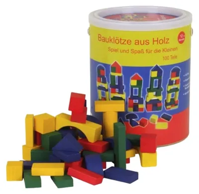 Produktbild von Bunte Holzbauklötze Set für Kinder, 100 Stück, mit praktischer Tragebox