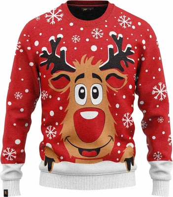 Obrázek produktu pro JAP Christmas Ošklivý vánoční svetr Sob Rudolf - 100% recyklovaný - Uni pro ženy i muže - Červená - Velikost XS