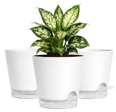 Immagine prodotto di Vasi autoirriganti da 15 cm, colore bianco, set da 3, in plastica, con vaschetta di raccolta e sistema di assorbimento dell'acqua, adatti per interni ed esterni