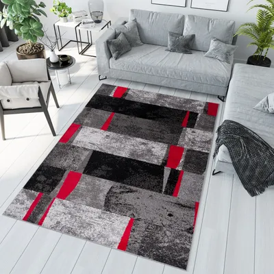 Image de Tapis Salon Chambre à coucher Modernes Design Gris Rouge Chiné Oekotex 140 x 190 cm