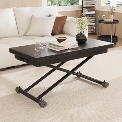 Immagine prodotto di Tavolino da divano regolabile in altezza, 3-in-1, estensibile, nero con venature del legno
