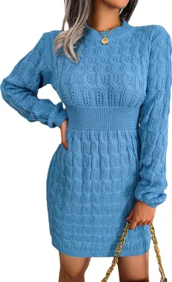 Produktbild von Damen Pullover Minikleid 2023 - Bequemes Strickkleid mit Rollkragen, Langen Puffärmeln und Körperbetonter Passform in Weichem Fuzzy-Material