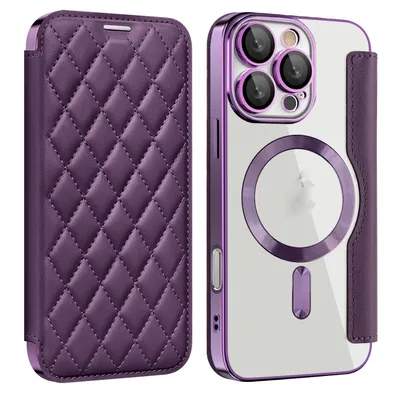 Image de Étui en similicuir violet pour Apple iPhone 16 Pro, protection intégrale à 360°, compatible MagSafe, anti-RFID et anti-vol de données