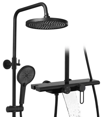 Image de Système de douche avec robinet et étagère en verre, noir, 25 cm. Douche à effet pluie