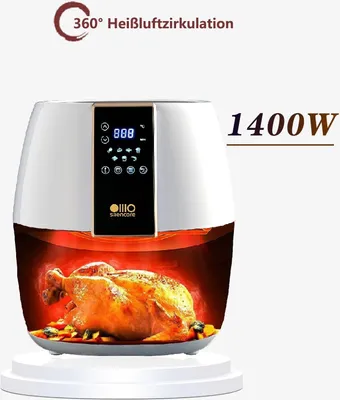 A white air fryer with a roasted chicken inside, set against a white background. Text overlays highlight product features.