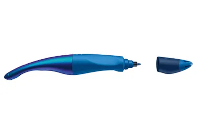 A blue rollerball pen with its cap off, shown against a white background.
