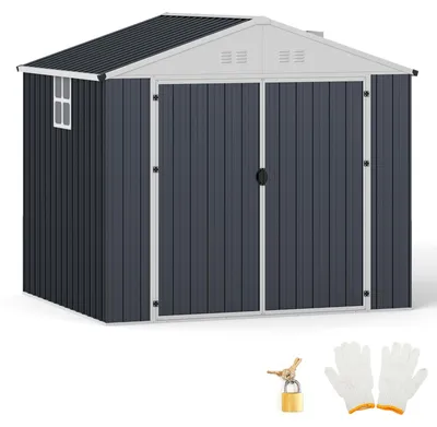 Immagine prodotto di Magazzino per attrezzi COSTWAY, capanno per utensili, 238x193x208 cm, casetta da giardino con tetto a due falde, 2 finestre e porte con serratura, capanno per attrezzi in metallo, capanno da giardino esterno
