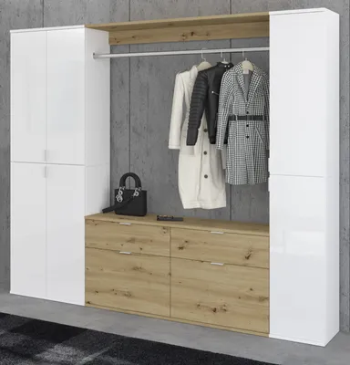 Produktbild von Garderobe "SystemX" in weiß Hochglanz und Artisan Eiche Garderobenschrank 212 x 193 cm