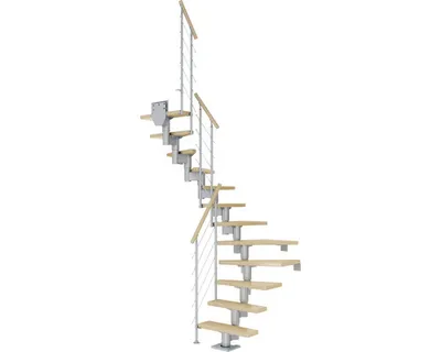 Produktbild von Pertura Mittelholmtreppe Spiros Ahorn Leimholz Perlgrau 1/2-gewendelt 75 cm 13 Stufen / 14 Steigungen Relinggeländer Gra