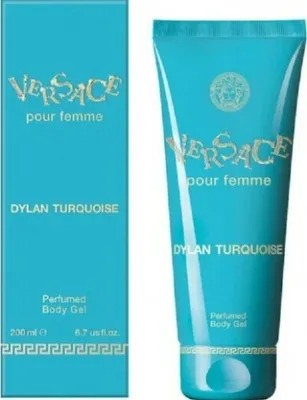 A product shot of a bottle and its box for Versace Pour Femme Dylan Turquoise Körpermilch.
