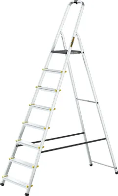 A silver aluminum step ladder with yellow accents is shown against a white background.