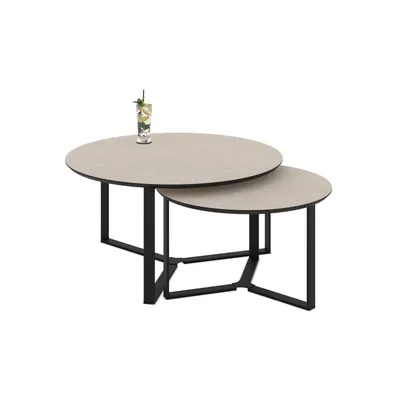 Produktbild von Hela Tische, Runder Couchtisch Massa - 2er Set - Ø 80+60cm - Nachbildung Cashmere mit Steinstruktur Melamin - Schweizer Kante - Metallgestell Schwarz