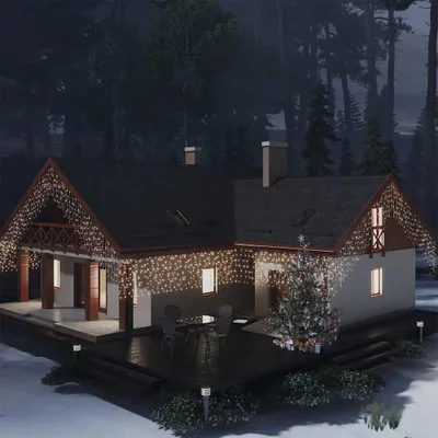 A house decorated with Christmas lights in a snowy forest at night.