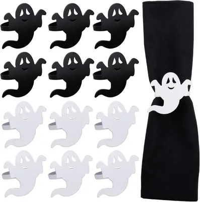 Produktbild von LogHog Ghost Serviettenringe Set von 12, weiß und schwarz Ghost Serviettenschnalle für Halloween Urlaub Geburtstag Party Dekoration