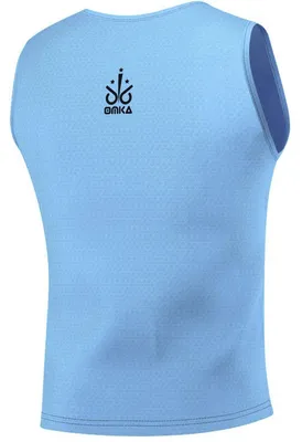 Rückansicht der OMKA 12er Pack Fußball Leibchen Mittelblau mit elastischem atmungsaktivem Mesh Stoff ärmellosem Design und hohem Tragekomfort entwickelt für Teamsport Schulen und Vereins Training jetzt erhalten.