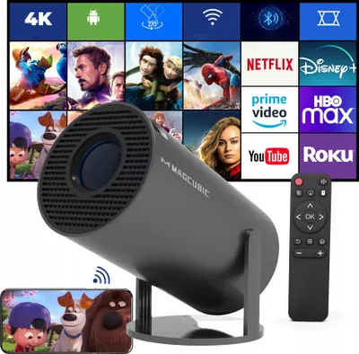 A collage of a projector, a remote control, a smartphone displaying a movie, and a background grid of app logos and movie posters.