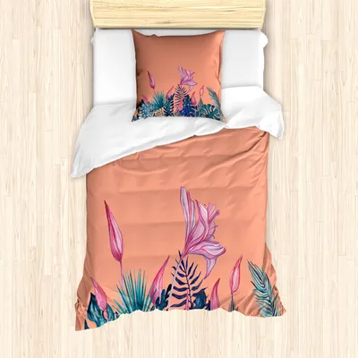 Produktbild von ABAKUHAUS Blumen Bettbezug Set, Tropical Botanic Monstera Blätter Künstlerische Blumenmuster, 135 x 200 cm + 80 x 80 cm, Salmon Mehrfarbig
