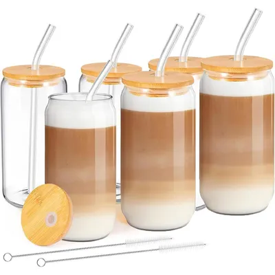 Productafbeelding van Glazen beker met deksel en rietje, 500 ml, set van 6. Gemaakt van borosilicaatglas