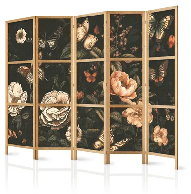 Immagine prodotto di Pannello divisorio giapponese, 5 ante, pieghevole, realizzato in tessuto non tessuto di alta qualità, motivo retrò con fiori e farfalle, ideale per il soggiorno, dimensioni 225 cm x 172 cm
