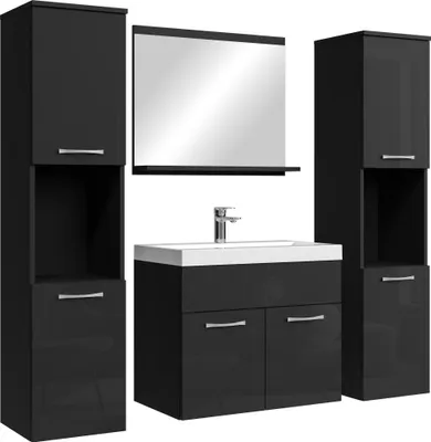 Produktbild von Badplaats Badmöbel Komplettset Montreal XL 60 x 35 cm Schwarz Hochglanz - Badezimmermöbel mit Waschbecken, Spiegel und 2 Badezimmerschränke
