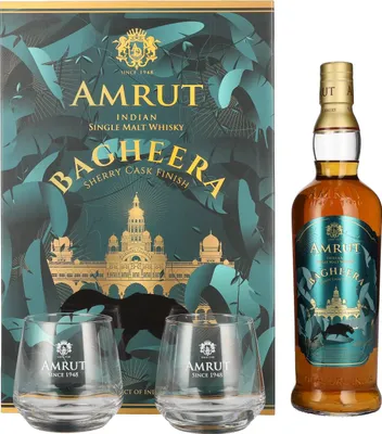 Produktbild von Amrut BAGHEERA Indian Single Malt Whisky Sherry Cask Finish 46% Vol. 0,7l in Geschenkbox mit 2 Gläsern