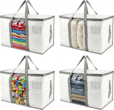Produktbild von PolkaHome® Aufbewahrungstaschen 4er Set, Kleidersäcke mit Reißverschluss, faltbare Organizer für Kleidung, Bettwäsche, Decken – 65 x