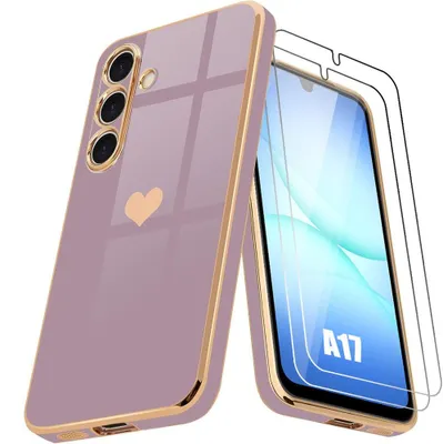 Image de Coque + 2 Verres Trempés pour Samsung Galaxy A17 4G/5G, Silicone avec Motif Cœur Protection Slim Violet