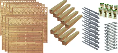 A collection of fence elements, wooden posts, and metal brackets, likely for garden fencing or privacy screens.