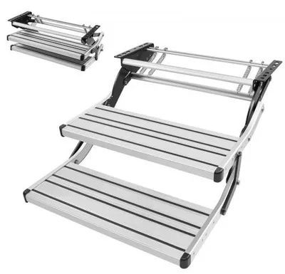 Produktbild von VEVOR Einziehbare Wohnmobiltreppe (2 Stufen), Wohnmobiltrittstufen mit 199,58 kg Tragkraft, Teleskopisch Klappbare Einstiegstreppe aus Aluminiumlegierung, Rutschfester Stahlrahmen für Wohnwagen