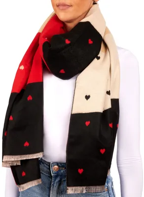 Productafbeelding van BRUBAKER Cashmirillo sjaal voor dames met hartmotief - 70 x 200 cm - Warm, zacht en oversized - Wollet sjaal, winter sjaal, rood, zwart en beige