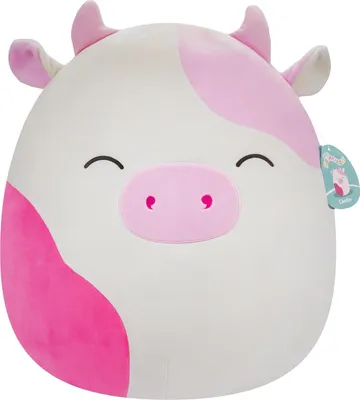 A plush toy cow with pink spots and closed eyes.