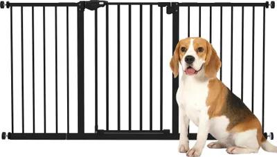 Obrázek produktu pro Bezpečnostní branka PawHut Animal 74-148 x 76,2 cm se samozavíracími dvířky bez vrtání s dvojitým zamykáním a 3 nástavci černá