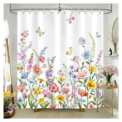 Produktbild von Duschvorhang 180 x 180 cm mit Frühlingsblumen, Bunt Wildblumen und Grünen Blättern, Wasserdicht und Anti-Schimmel, Polyester Stoff mit 12 Ringen