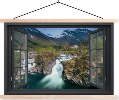 Produktbild von MuchoWow® Textilposter Aussicht - Berg - Haus 60x40 cm mit holzfarbenen Rahmen - Bilder